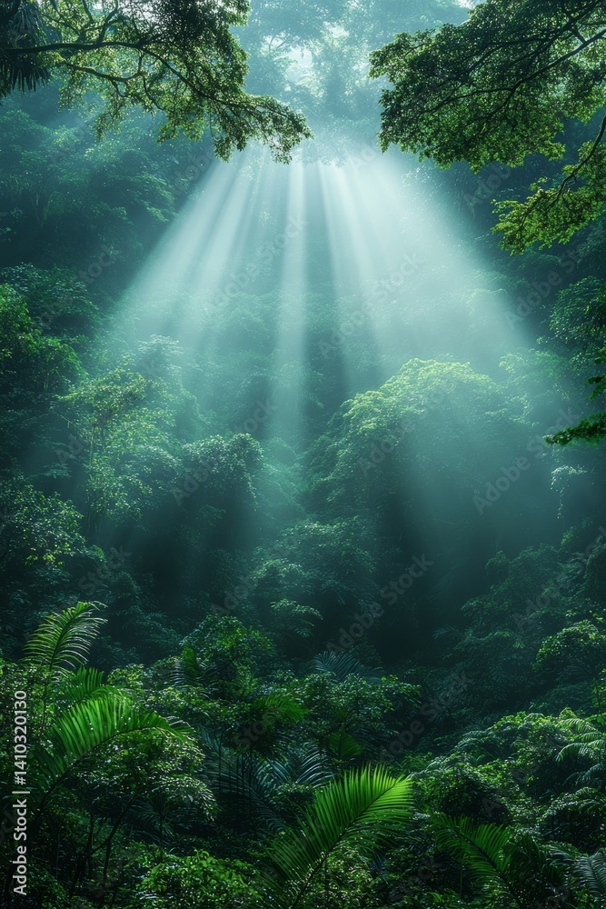 fog-covered rainforest with sun rays piercing through dense foliage, lush green hues, soft mist, serene and atmospheric natural beauty fog-covered rainforest with sun rays piercing through dense foliage, lush green hues, soft mist, serene and atmospheric natural beauty