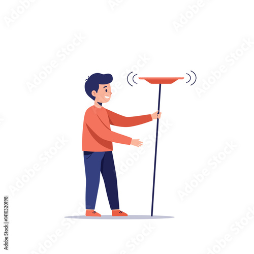 Young boy in casual clothes balancing spinning plate on stick playful activity flat design vector illustration