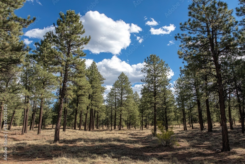 Obraz premium Sun-dappled pine forest with patchy grass under a bright blue sky, fluffy white clouds