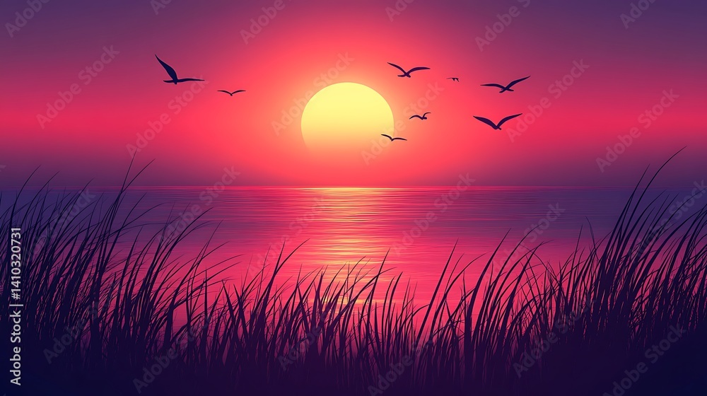 Fototapeta premium Serene Sunset Over Calm Waters with Silhouetted Birds and Grass