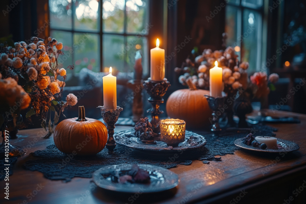 Fototapeta premium Table adorned with pumpkins and candles, creating a cozy autumn ambiance.