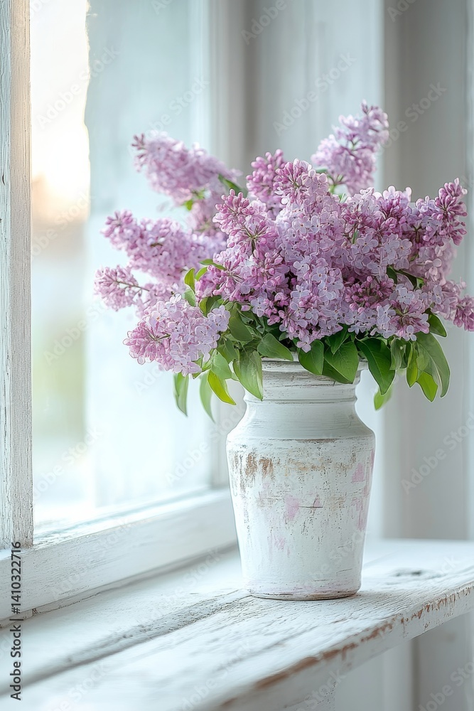 Fototapeta premium fresh lilac blooms resting on a whitewashed table soft light creating a dreamy ambiance cozy spring-inspired pastel color palette