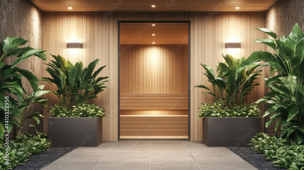 Fototapeta premium Indoor sauna entrance with wood walls, plants on side, soft light used for wellbeing