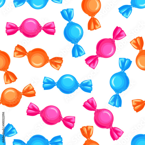 Candy in bright wrappers seamless pattern. Sweets background. Vector cartoon flat illustration.