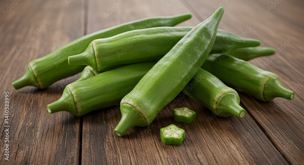 Fresh Organic Okra On Wooden Tabletop, Ready For Culinary Creations Fresh Organic Okra On Wooden Tabletop, Ready For Culinary Creations