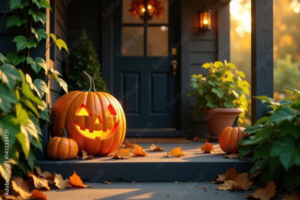 Obraz premium Happy jack-o-lanterns on a porch with vines and leaves surrounding them in the morning light, leaves, pumpkin, vines