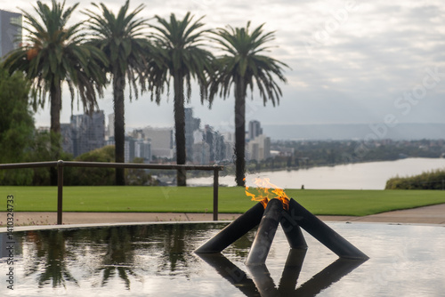 Fototapeta Naklejka Na Ścianę i Meble -  The Flame of Remembrance and Pool of Reflection in Kings Park, Perth, Australia. It is a tribute of those who served and died in wars fought by Australians.