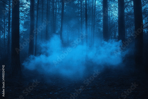 Fototapeta Naklejka Na Ścianę i Meble -  Smoke billowing from dark forest trees creating an eerie and mysterious atmosphere.
