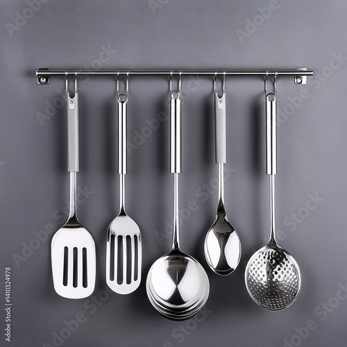 Set of six premium stainless steel kitchen utensils on a hanging rack, featuring a ladle, spatula, slotted spoon, skimmer, and serving spoon, perfect for modern kitchens. photo