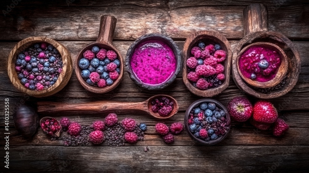 Overhead View of Assorted Berries and Smoothies in Rustic Wooden Bowls Overhead View of Assorted Berries and Smoothies in Rustic Wooden Bowls