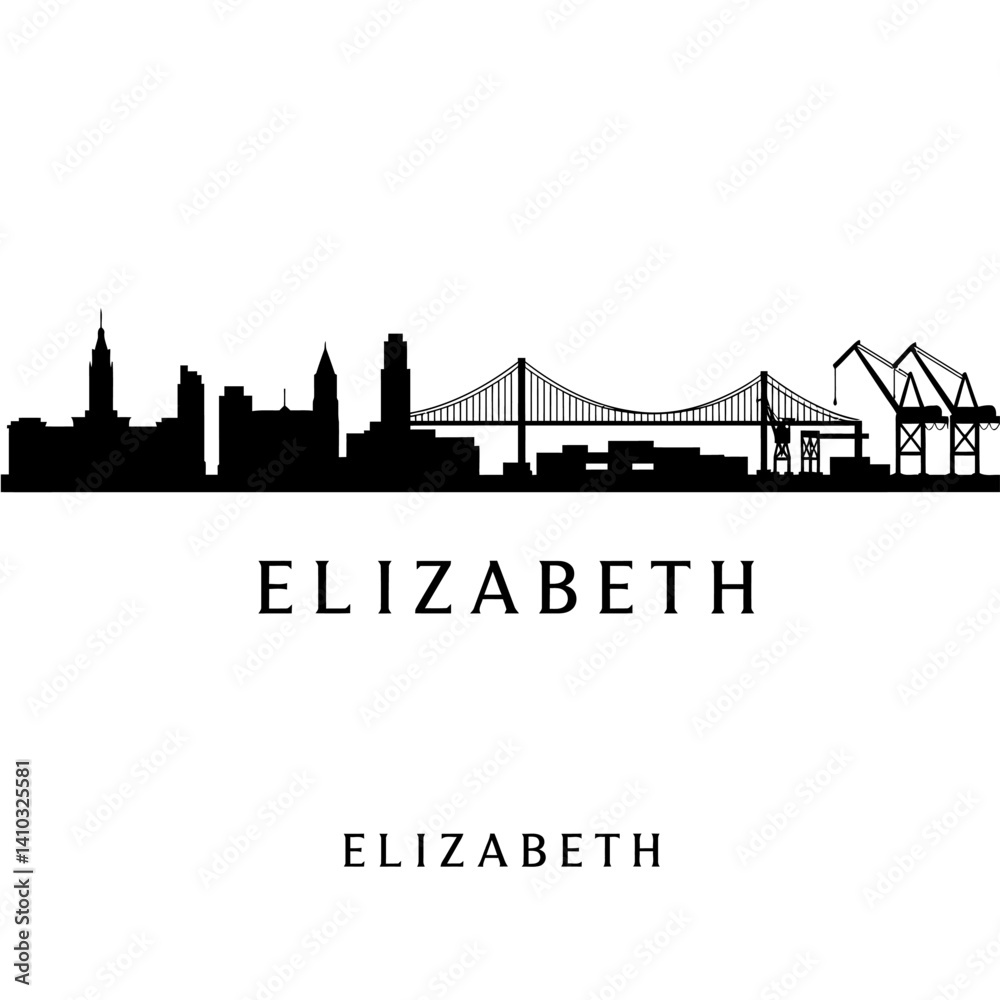 Fototapeta premium Elizabeth with NJ Skyline, Black and White, and Vector.