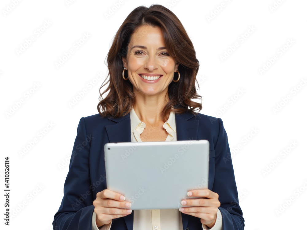 Business portrait isolated on white transparent background: A confident businesswoman smiles warmly while holding a tablet in front of her. Business portrait isolated on white transparent background: A confident businesswoman smiles warmly while holding a tablet in front of her.