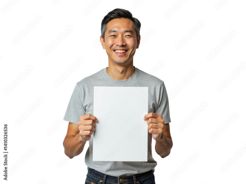 Business portrait isolated on white transparent background: A smiling Asian man holds a blank white paper in front of him against a plain background. Business portrait isolated on white transparent background: A smiling Asian man holds a blank white paper in front of him against a plain background.