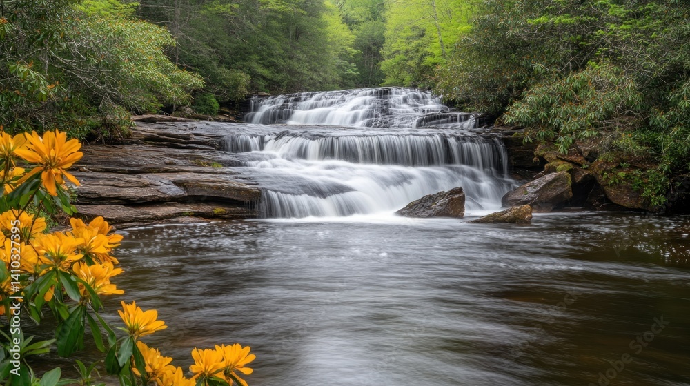 Obraz premium A beautiful flowing waterfall cascading down rocky steps in nature