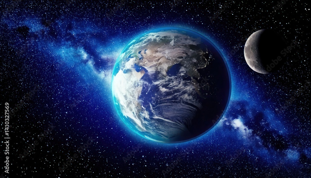 Fototapeta premium A beautiful view of Earth and the Moon set against a vivid galaxy backdrop filled with stars and cosmic light in space.