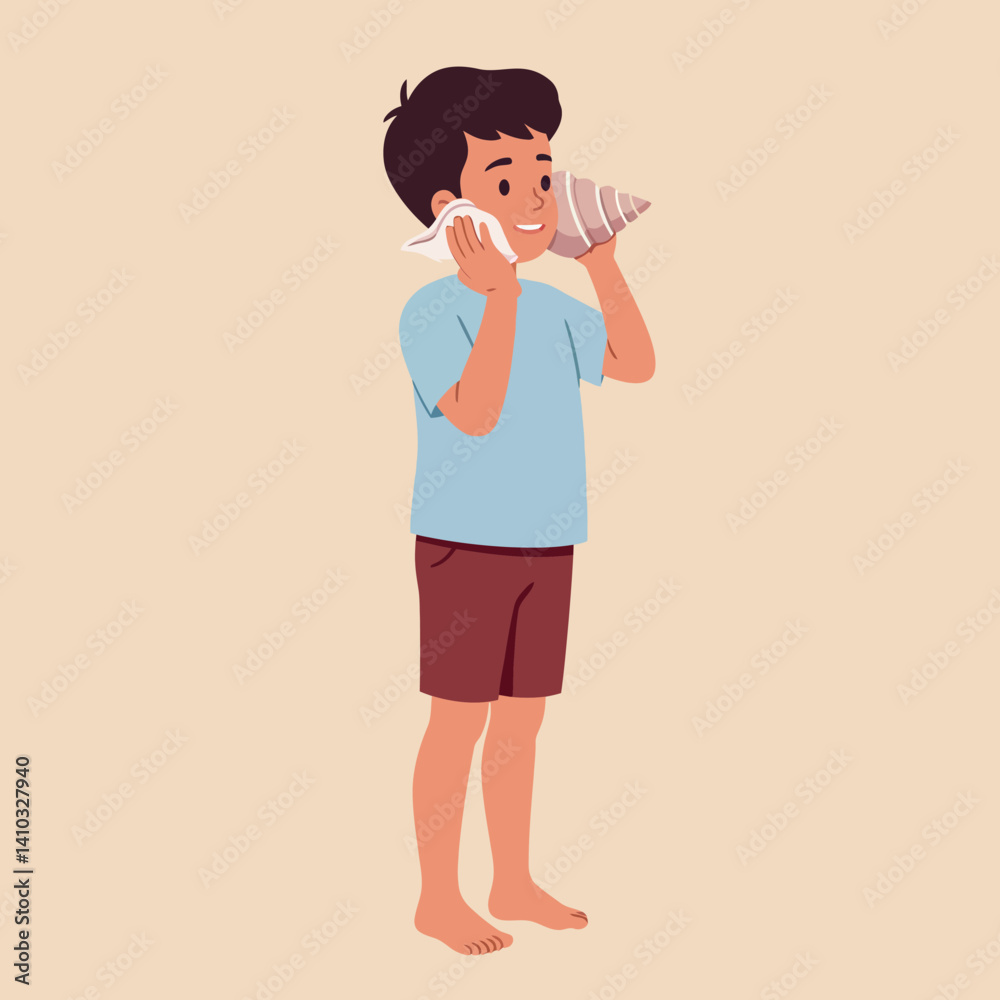Young boy in casual clothes holding a large seashell to his ear listening intently flat colorful vector illustration Young boy in casual clothes holding a large seashell to his ear listening intently flat colorful vector illustration