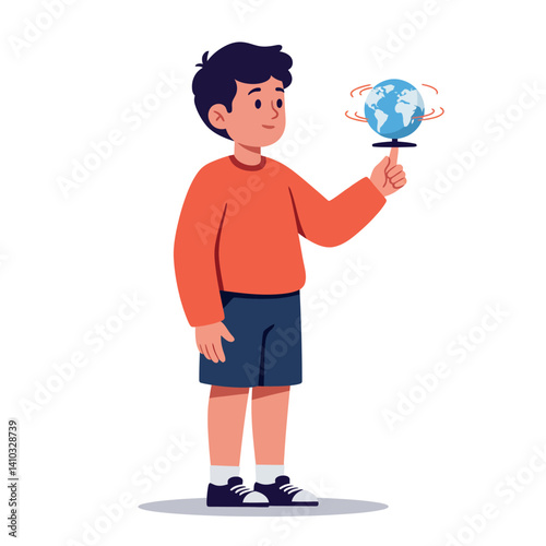 Young boy with dark hair balancing spinning globe on finger wearing casual red sweater and blue shorts flat design vector illustration