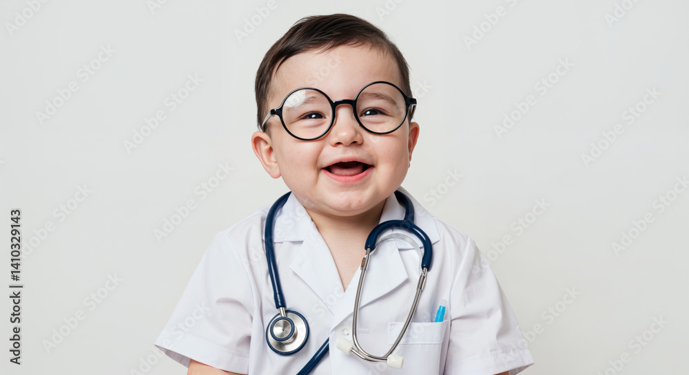 Young child dressed as a doctor with stethoscope and glasses, smiling happily Young child dressed as a doctor with stethoscope and glasses, smiling happily