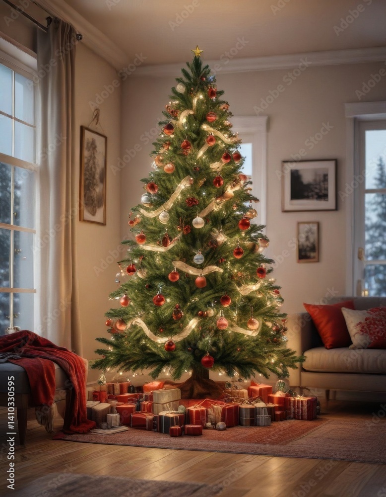 Christmas tree decorated with ornaments and lights in a cozy living room, warm ambiance, christmas tree, seasonal decor Christmas tree decorated with ornaments and lights in a cozy living room, warm ambiance, christmas tree, seasonal decor