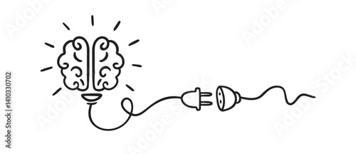 Idea concept, human brain and light bulb icon doodle hand drawn. Outline line drawing