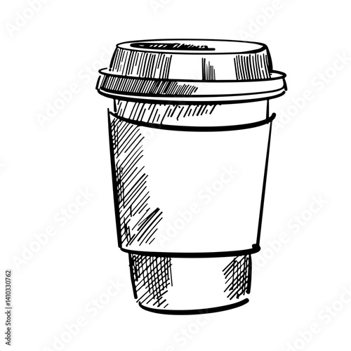 Vintage Hand-Drawn Coffee Cup Illustration: Sketch Ink Graphic of Takeaway Coffee, Black and White Outline, Chocolate Coffee Icon, Vector Drawing for Print, Web