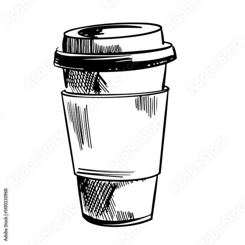 Vintage Hand-Drawn Coffee to Go Cup Illustration: Doodle Style Outline, Ink Sketch of Disposable Cup, Chocolate Coffee Design for Print, Web