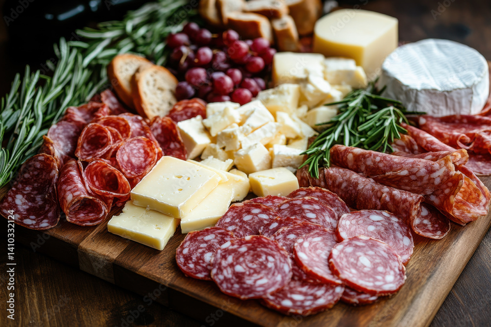 Wooden cutting board with assorted cheese, meats, and fruit slices - perfect for a charcuterie board. Rich colors and textures create an enticing display. Wooden cutting board with assorted cheese, meats, and fruit slices - perfect for a charcuterie board. Rich colors and textures create an enticing display.