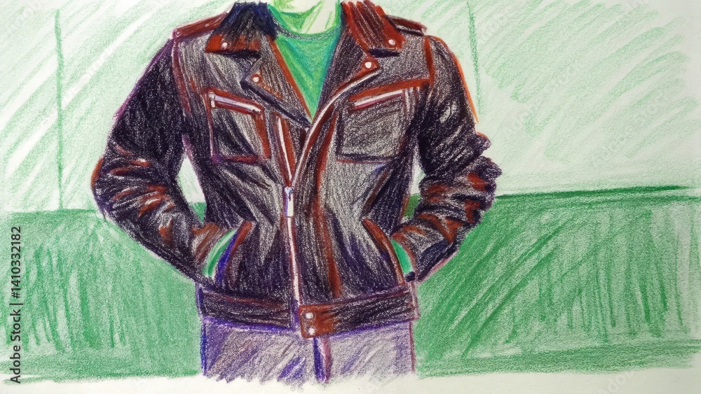 Fototapeta premium Person in a leather jacket posing confidently against a green backdrop 