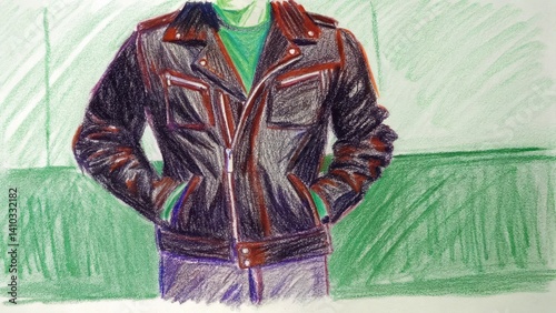 Person in a leather jacket posing confidently against a green backdrop  