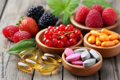 Vitamins and supplements with berries providing natural health benefits