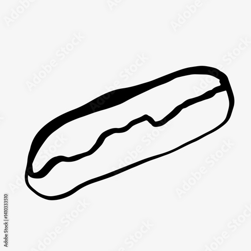 Hand-drawn sketch of an eclair, isolated on white. Vector illustration of a sweet glazed French eclair, a classic cream-filled dessert. Ideal for menus, cafes, recipes, bakery