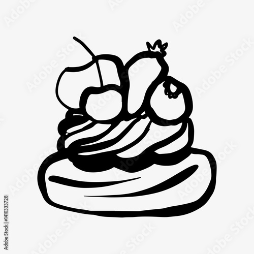 Hand-drawn doodle sketch of a fruit pastry in black and white. A detailed illustration of a delicious dessert with fresh fruit toppings, perfect for bakery menus, food design