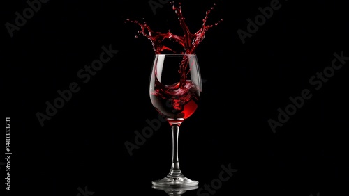 A dynamic splash of red wine erupts from a crystal wine glass against a stark black background, capturing the vibrant energy and elegance of the moment. The contrast highlights the fluid motion and ri