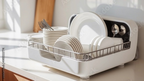A neatly organized dish drying rack on a kitchen countertop holds clean, white plates, bowls, and cutlery. The setup is bright and functional, emphasizing cleanliness and order in a modern kitchen env