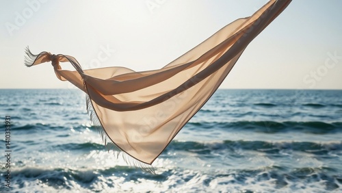 A flowing, sheer scarf billows in the wind against a backdrop of the ocean and a bright sky. The soft, airy fabric captures the essence of freedom and relaxation by the sea.