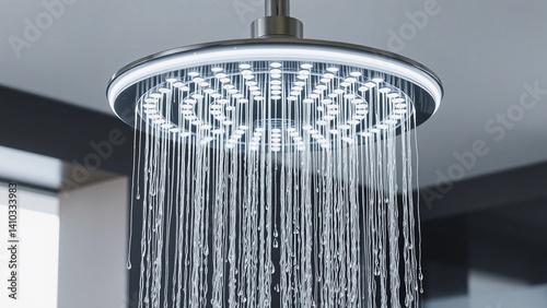 A modern, sleek showerhead with multiple jets of water cascading down in a circular pattern. The design is minimalist and contemporary, emphasizing functionality and style in a bathroom setting.