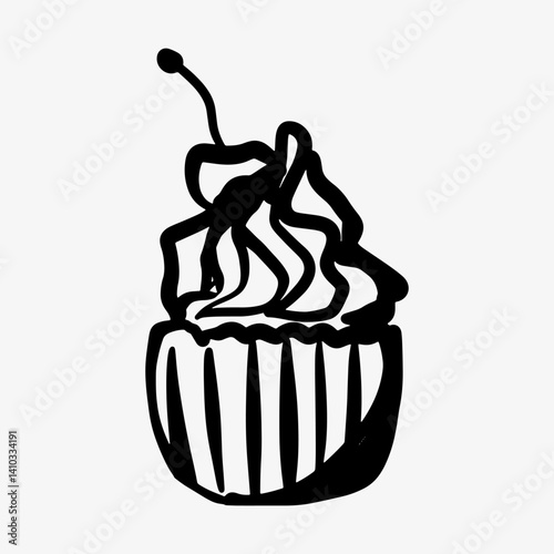 Hand-drawn doodle sketch of a cupcake topped with cream and fresh fruits. A sweet dessert illustration perfect for bakery logos, food design, menus, and sweet treat branding with a creative touch