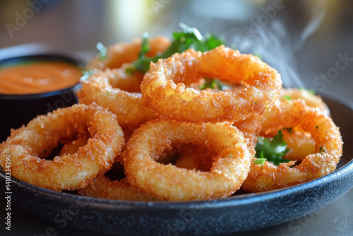 Bowl of fried food with dipping.