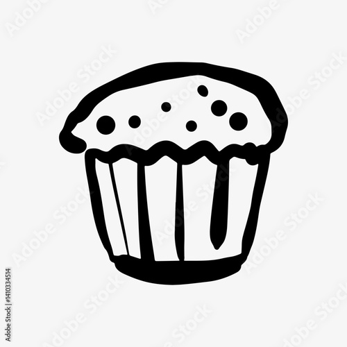 Hand-drawn doodle sketch of a muffin or cupcake with raisins. A tasty dessert illustration, ideal for bakery branding, food concepts, menus, and sweet treat designs