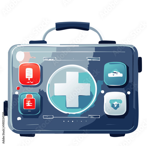 Futuristic First Aid Kit with Digital Interface and Medical Icons – High-Tech Emergency Medical Case Illustration

