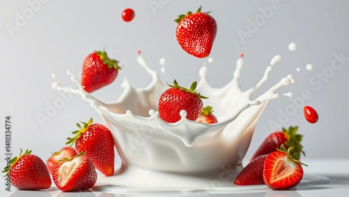 A dynamic splash of milk surrounds fresh, vibrant strawberries, capturing the moment of impact with a burst of creamy white liquid. The scene highlights the freshness and juiciness of the berries agai