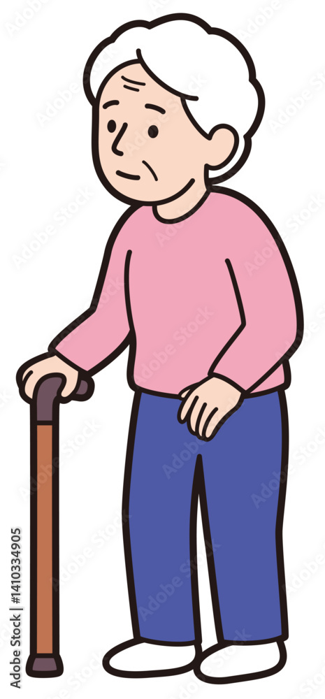 右手で杖をついている右利きのおばあさんの教材風ベクターイラスト(An educational-style vector illustration of a right-handed elderly woman using a cane in her right hand) 右手で杖をついている右利きのおばあさんの教材風ベクターイラスト(An educational-style vector illustration of a right-handed elderly woman using a cane in her right hand)