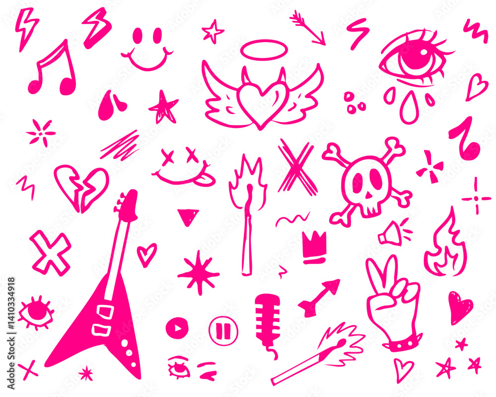 Pink Emo and Rock Doodles. Hand Drawn Punk Aesthetic Icons on White Background Pink Emo and Rock Doodles. Hand Drawn Punk Aesthetic Icons on White Background