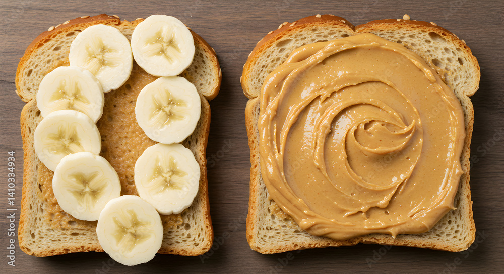 Peanut Butter And Banana Slices On Whole Wheat Bread For Delicious Breakfast Peanut Butter And Banana Slices On Whole Wheat Bread For Delicious Breakfast