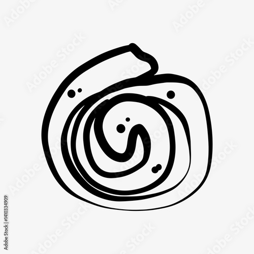 Hand-drawn doodle sketch of a round bun, called a snail, topped with raisins and glaze. Ideal for bakery logos, food design, menus, and sweet treat branding.