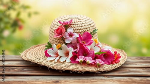 The image features a woven straw hat placed on a wooden surface. The hat is adorned with a vibrant bouquet of flowers, including pink and white blossoms, along with small yellow accents. The backgroun