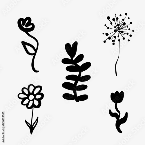 Hand-drawn doodle sketch set of five flowers in black and white. A simple and elegant illustration, perfect for botanical designs, nature-inspired branding, decoration, and creative projects.