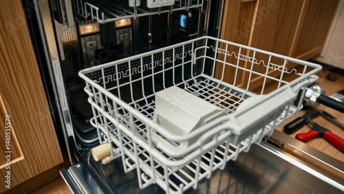 The image shows an open dishwasher with its upper rack pulled out. The dishwasher features a modern design with a sleek, black exterior and white interior racks. The top rack is empty except for a few
