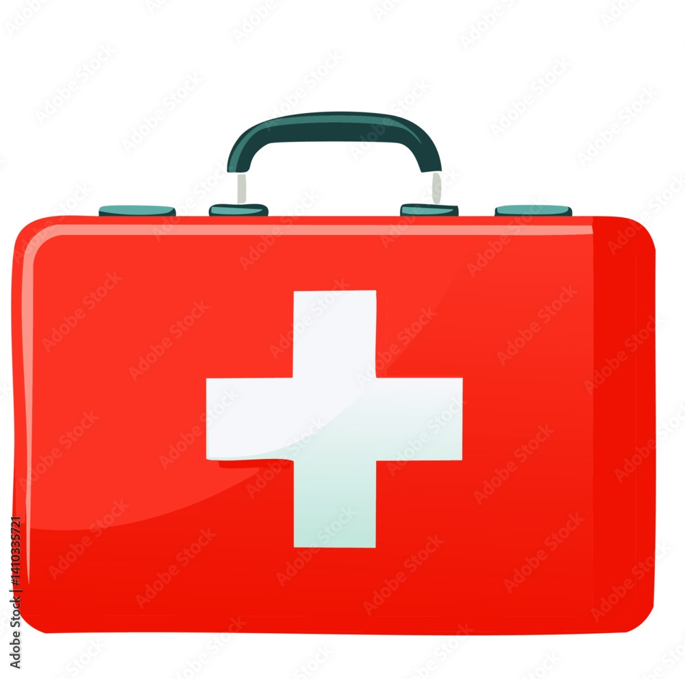 Obraz premium Red First Aid Kit with White Cross on Handle – Emergency Medical Box Icon Isolated on White Background