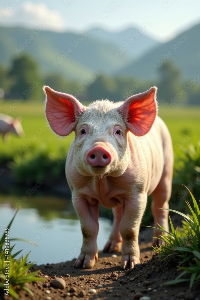 Pig standing near pond in rural farm, agriculture, farm life, pig Pig standing near pond in rural farm, agriculture, farm life, pig